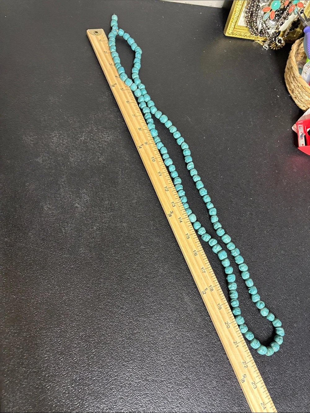 Southwestern Carved Ceramic Turquoise Beaded Long Bead Strand Necklace Unique